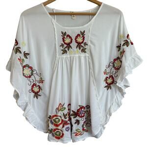 My Beloved Floral Embroidery White Boho Ruffle Blouse Women’s M/L